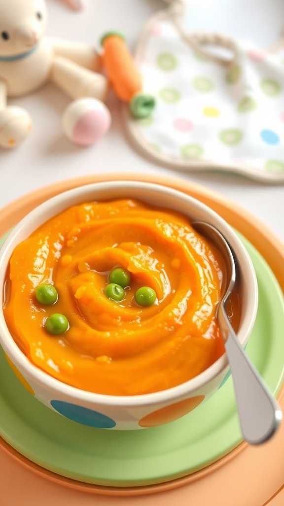 A bowl of smooth pureed vegetables for babies, featuring sweet potatoes, peas, and carrots, with a spoon beside it.